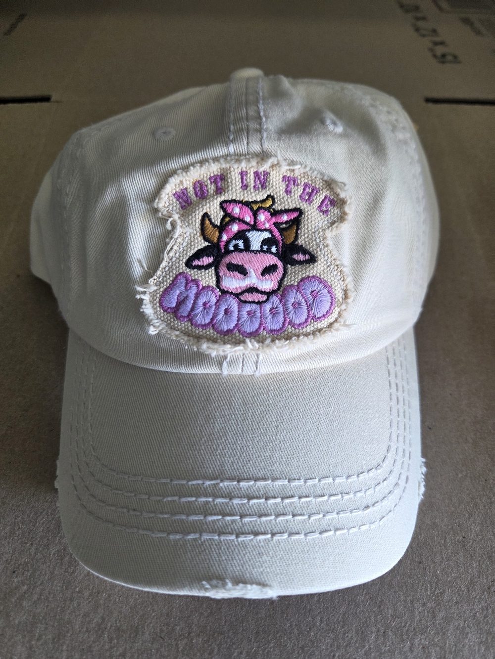 Womens Beige Baseball Cap with Pink Cow Patch